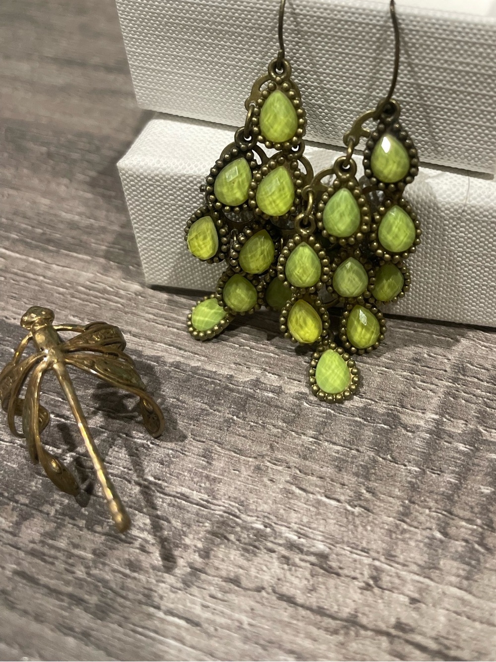 Celadon Jade Green Teardrop Chandelier Earrings w Dragonfly Ring